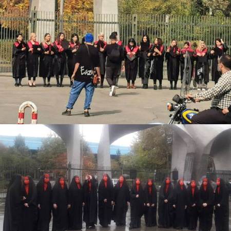 عکس جواب عکس؛ دو مدل دختر، مقابل یک دانشگاه
