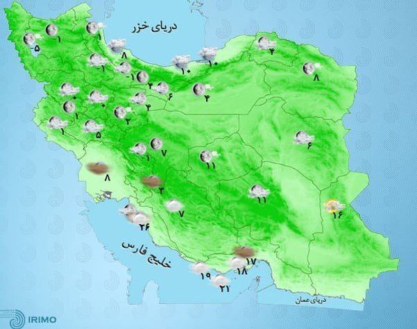 وضعیت آب و هوا، امروز ۱۹ بهمن ۱۴۰۱ / احتمال توفان گردوخاک در ۵ استان / بارش و کاهش دما در نقاط مختلف کشور