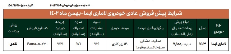 فروش جدید خودرو لاماری ایما از 29 بهمن آغاز می شود+ قیمت