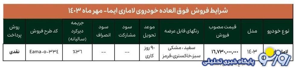 فروش فوری لاماری ایما ویژه مهرماه آغاز شد+ قیمت