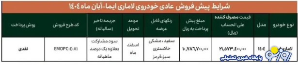 جزئیات جدید فروش خودرو لاماری ایما ویژه آبان ۱۴۰۴